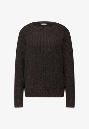 Ciemnobrązowy dziany sweter z okrągłym dekoltem, długimi rękawami i prążkowaną teksturą. Charakteryzuje się minimalistycznym designem bez ozdób.