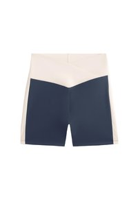 Vysoké športové šortky s krížovým svetlobéžovým pásom a tmavomodrým telom, navrhnuté na tesné priliehanie.