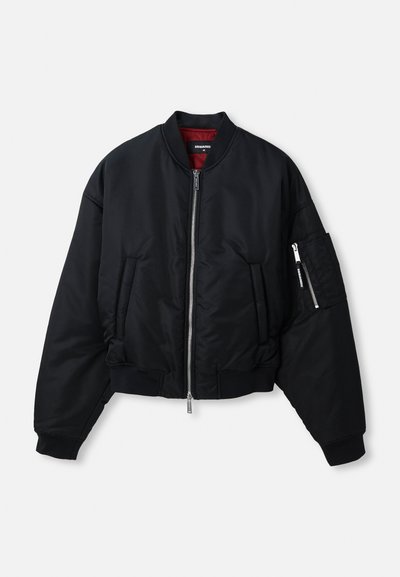 Black bomber jacket with silver front zipper, two side pockets, zippered sleeve pocket, ribbed cuffs, and red inner lining.