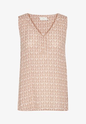Peach-colored sleeveless top with a V-neck, featuring a leaf-pattern print in white. Light fabric with a smooth texture.