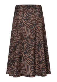 Braun- und schwarz gemusterter Rock mit ausgestelltem Design, aus weichem Stoff gefertigt. Verfügt über einen elastischen Bund und ein abstraktes Tiermuster.