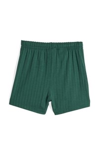 Πράσινα σορτς από ριμπ ύφασμα με ελαστική μέση, ευθεία γραμμή και απαλή υφή. Χωρίς ορατά μεταλλικά μέρη ή σχέδια.