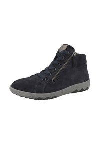 Scarpe high-top in suede blu navy con suola in gomma grigia, dotate di lacci e cerniera laterale per la chiusura, arricchite da dettagli di cucitura.