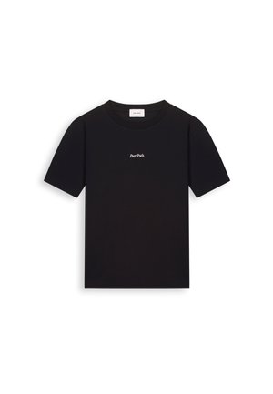 Zwart T-shirt met korte mouwen en ronde hals, met het "PurePath"-logo in kleine witte letters centraal op de borst gedrukt.
