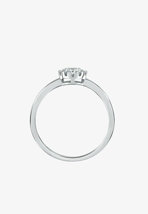 Silberring mit einem polierten Band und einer kranzähnlichen Fassung, die oben einen Cluster aus kleinen, runden, klaren Edelsteinen aufweist.