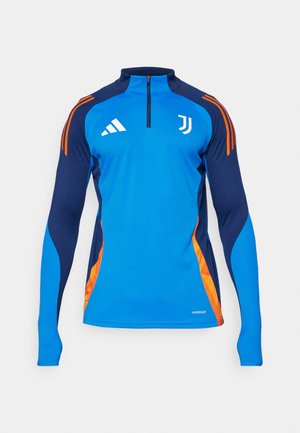 Langärmliges Sportshirt in Blau und Marineblau mit orangefarbenen Akzenten, mit Viertelreißverschluss und strukturierten Seiten. Mit den Logos von Adidas und Juventus.