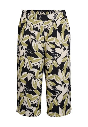 Korte broek met bloemendessin en een elastische tailleband; heeft groene en roomkleurige bladeren op een zwarte achtergrond. Lichtgewicht stof, knielange snit.