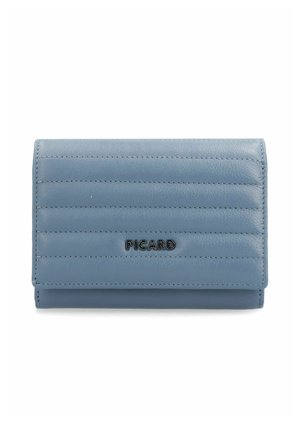 Blue leather wallet with vertical quilted pattern, featuring a black logo "PICARD" on the front. Compact rectangular shape, smooth texture.