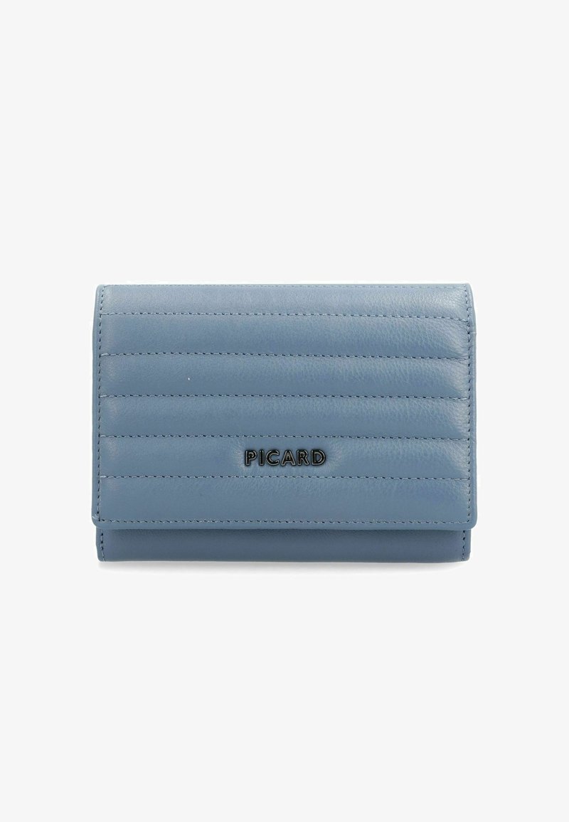 Portefeuille en cuir bleu avec un motif matelassé vertical, arborant un logo noir « PICARD » sur le devant. Forme rectangulaire compacte, texture lisse.