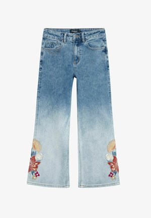 Blauwe wijde jeans met een vervaagde verloopkleur en kleurrijke bloemrijke borduursels bij de onderkant van beide pijpen, een knoopsluiting aan de voorkant en voorzakken.