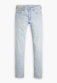 Jeans de mezclilla azul claro con un diseño de pierna recta, cinco bolsillos y accesorios en tono cobre. Presenta un ligero desgaste y un acabado clásico.
