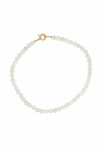 Klare Perlenkette mit runden, glatten Perlen und einem goldenen Verschluss, die ein minimalistisches Design und einen subtilen Glanz auf den Perlen aufweist.