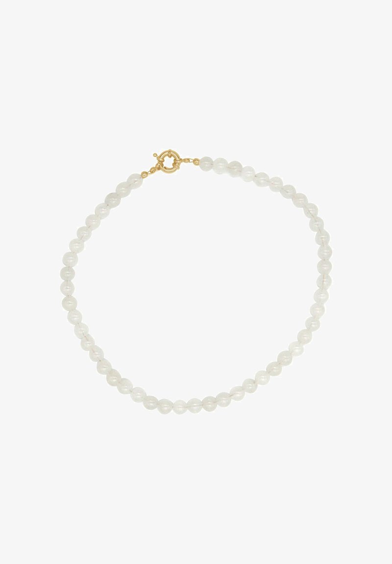 Clear beaded necklace with round, smooth beads and a gold clasp, featuring a minimalist design and subtle sheen on the beads.