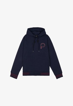 Felpa con cappuccio blu navy con stringhe, tasca frontale, strisce marrone scuro su polsini e orlo, e logo di orso marrone scuro sul petto a sinistra.