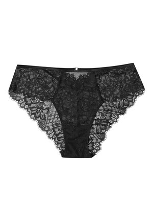 Black lace panties with a floral pattern, featuring scalloped edges, a sheer center panel, and a smooth waistband. Subtle embellishments present.