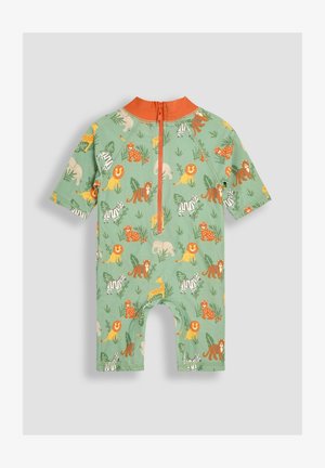 Kurzärmeliger, grüner Kinder-Overall mit einem Reißverschluss vorne, ausgestattet mit einem bunten Tierdesign, das Löwen, Tiger und Zebras zeigt.