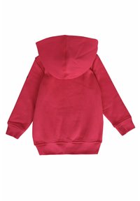 Sweatshirt rouge à capuche, fabriqué en tissu doux. Il présente des poignets et un ourlet côtelés, avec un design simple et sans motifs ni graphiques visibles.