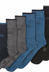 Set of six socks in dark blue, black, light blue, grey, and dark grey. Made of textured fabric with reinforced cuffs and logos on the soles.