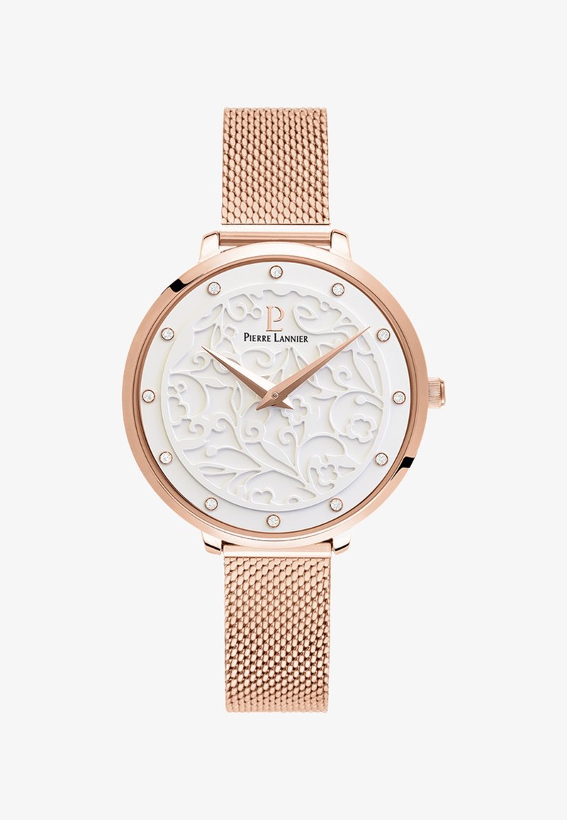 Ruusukultainen verkko-olon kello, jossa on valkoinen kellotaulu, jossa on kohokuvioitu kukkakuosi, ruusukultaiset yksityiskohdat ja kristalliset tuntimerkit.