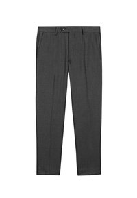 Dunkelgraue formelle Hose mit Knopfverschluss, Gürtelschlaufen, Seitentaschen und einem schlanken geraden Schnitt.