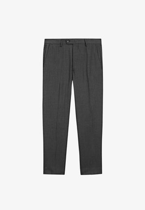 Pantaloni formali grigio scuro con chiusura a bottone, passanti per cintura, tasche laterali e vestibilità slim dritta.