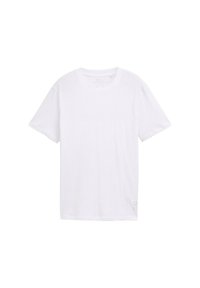 Biała bawełniana koszulka z krótkim rękawem i okrągłym dekoltem. Posiada małą metkę na dolnym lewym boku. Gładka faktura.
