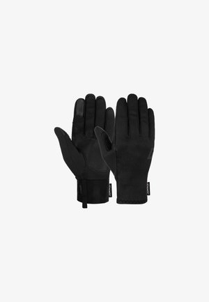 Schwarze Handschuhe aus strukturiertem Stoff mit gepolsterten Handflächen und Daumen. Verfügt über einen verstellbaren Handgelenksbund und ein Logotag an der Seite.