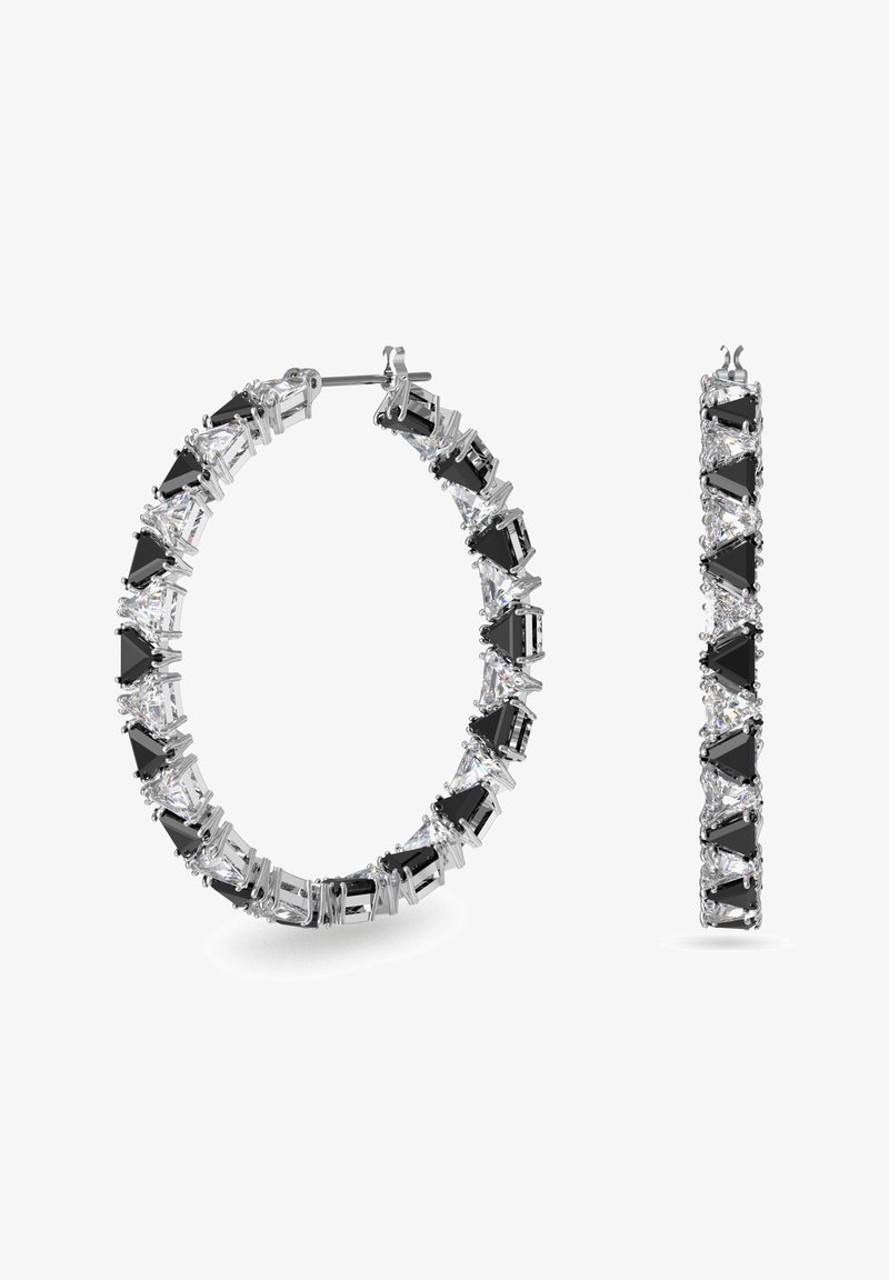 Boucles d’oreilles créoles en argent avec des pierres précieuses triangulaires noires et transparentes alternées autour de la circonférence, vues de face et de côté.