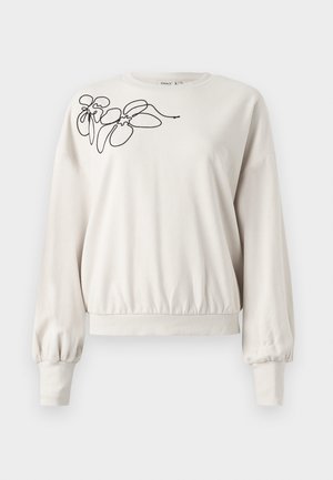 Light beige sweatshirt with a round neckline, puffed sleeves, and a fitted bottom hem. Features a black floral line drawing on the front.