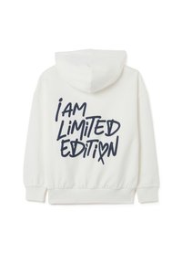Witte hoodie met op de achterkant navyblauwe tekst "i AM LIMITED EDITION". Zachte stof, ontspannen pasvorm en geribde manchetten.