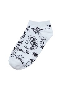 Schwarze und weiße Knöchelsocke mit Paisley- und Blumenmustern. Weicher Stoff mit einem gerippten Bündchen für einen sicheren Sitz.