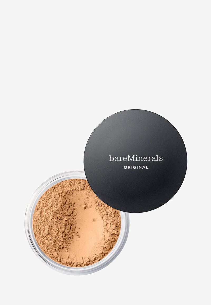 Base en polvo suelto Original de BareMinerals en un tarro transparente con tapa negra. El polvo es de color beige claro con una textura suave y fina.