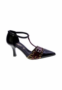 Scarpe con tacco alto a stampa leopardata nera e marrone, con punta affilata, design a T-strap e dettagli decorativi in fibbia sul davanti.
