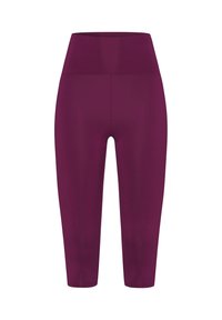 Bordeaux capri leggings gemaakt van een gladde, rekbare stof met een hoge tailleband en zonder zichtbare patronen of accenten.