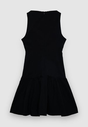 Black sleeveless dress featuring a fitted bodice and a flared skirt. Made of smooth fabric with a subtle sheen, includes a back zipper closure.