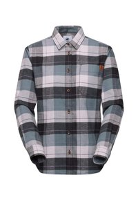 Gepofte flanellen shirt in lichtgrijs, donkergrijs en teal. Heeft een knopenfront, een gespreide kraag en een enkele borstzak met merklabel.