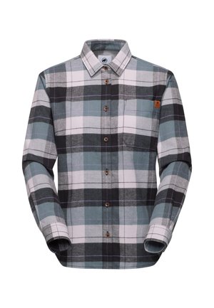 Camicia flanella a quadri in grigio chiaro, grigio scuro e teal. Presenta una chiusura a bottoni, colletto allargato e una tasca sul petto con etichetta del marchio.
