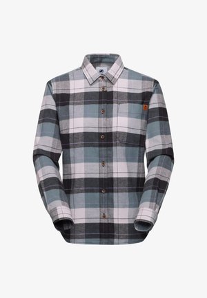 Kariertes Flanellhemd in Hellgrau, Dunkelgrau und Petrol. Verfügt über eine durchgehende Knopfleiste, einen kentkragen und eine einzelne Brusttasche mit Markenetikett.
