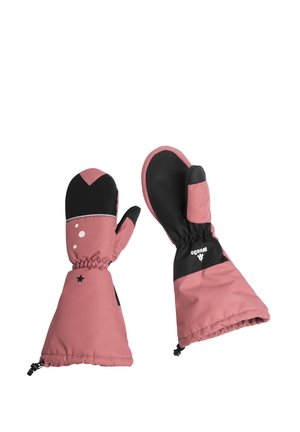 Vaaleanpunaiset lapaset mustilla yksityiskohdilla, joissa on vedenpitävä pinta, joustavat hihnat ja teksturoitu pito kämmenissä. Suunnittelussa on tähti- ja pistekuvioita.