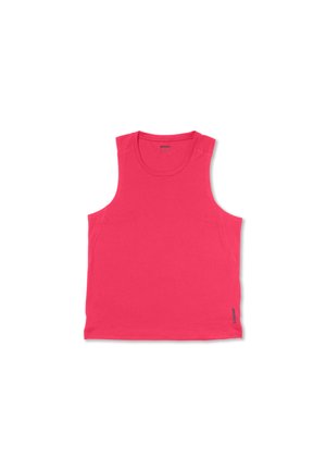 Camiseta deportiva sin mangas de color rosa brillante con cuello redondo, de la marca Brooks, mostrada plana sobre un fondo blanco.