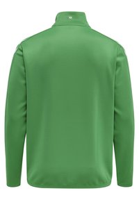 Groene longsleeve trui met hoge kraag, gemaakt van glad synthetisch materiaal. Kenmerkt schouderaccenten en een klein logo op de nek.