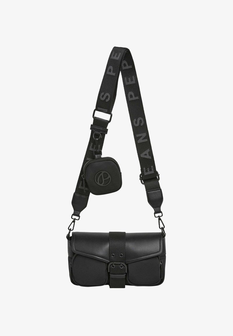 Black crossbody bag with a smooth leather front, fabric sides, a buckle closure, and a detachable small pouch on a strap.