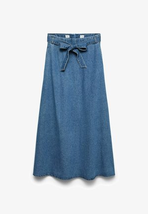 Fustă A-line din denim albastru, cu curea de talie legată și catarame pentru curea, lungime medie, tiv curat.