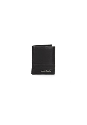 Portefeuille en cuir noir au design pliable, avec une texture lisse, un accent à rayures horizontales et un logo de marque embossé.