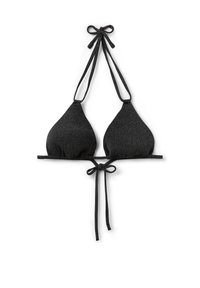 Černý bikiny vršek ve tvaru trojúhelníku s texturovanou tkaninou, nastavitelnými zavazovacími ramínky a nabíranými košíčky pro pohodlné nošení. Minimalistický design s elegantním vzhledem.