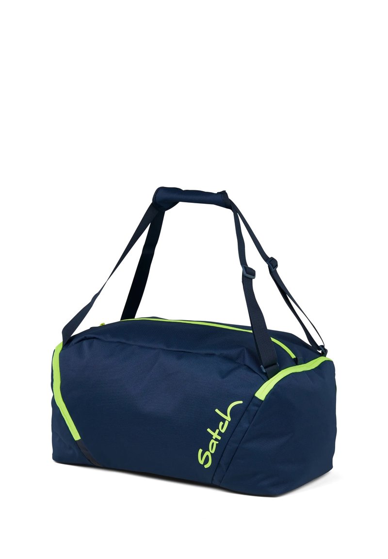 Marineblaue Reisetasche mit grünen Akzenten, aus strapazierfähigem Stoff, verfügt über zwei Griffe und einen verstellbaren Schultergurt. Glatte Textur.
