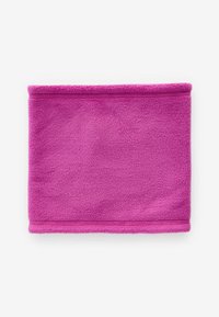 Fleece-halsvärmare i klar rosa, rektangulär form, mjukt material, med sömmar i kanten, utformad för att ge värme och komfort.