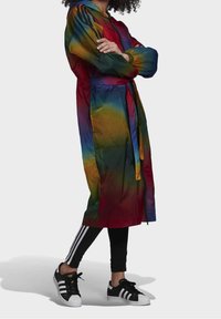 Barevný, až po kolena sahající plášť do deště s kapucí, s úzkým pasem, vyrobený z lehkého materiálu. Obsahuje směs červených, modrých a zelených odstínů.