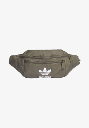 Marsupio Adidas verde oliva con due scomparti con cerniera e logo trefoil bianco al centro davanti.