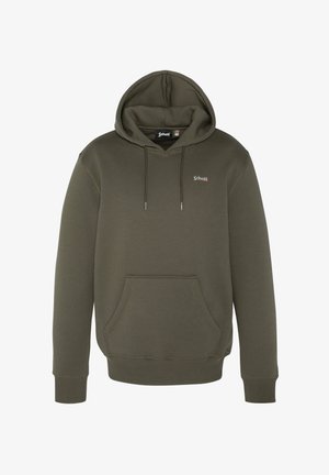 Olivegrüner Kapuzenpullover aus Baumwollmischung. Verfügt über eine Fronttasche, Kordeln, gerippte Bündchen und ein kleines Logo auf der Brust.